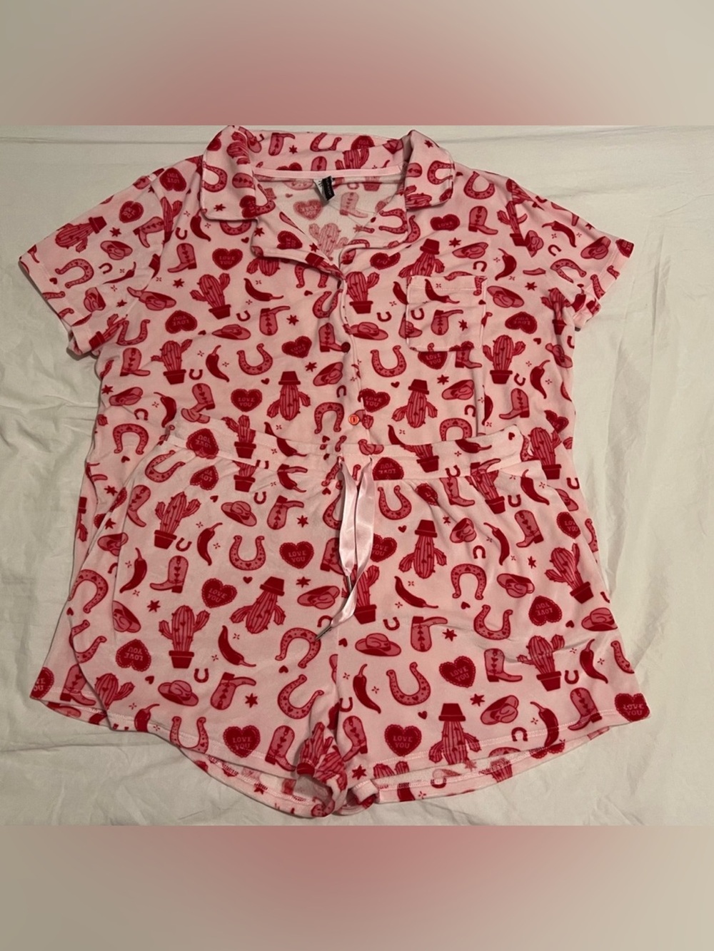 Pink Red Cowgirl Print Short Pajama Romper